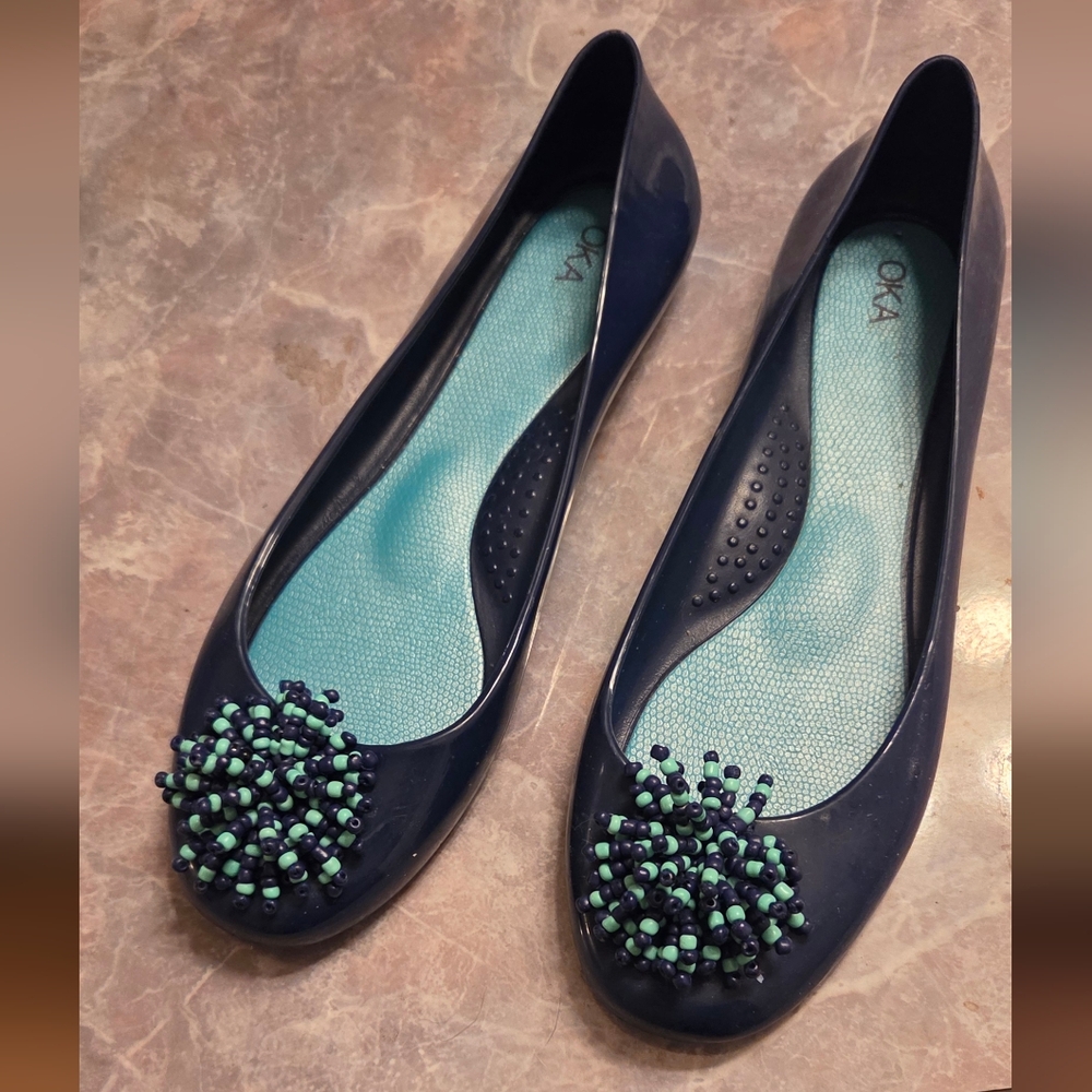 OKA b. Navy and Mint Beaded Flats